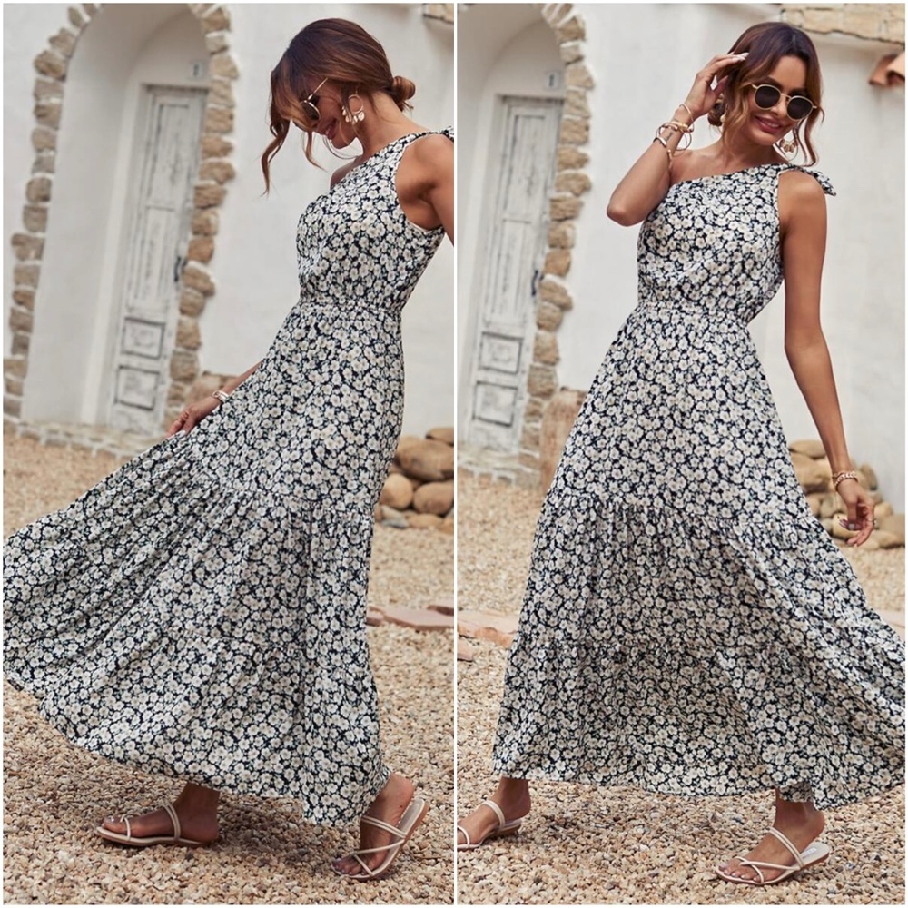 Boho Floral Print One Shoulder Ruffle Maxi Dress - Picture 2 of 3